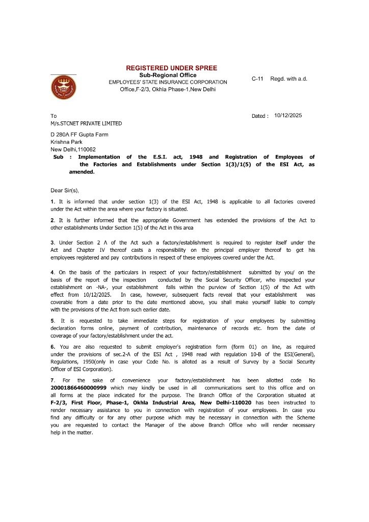 ESI Registration Letter Page 1